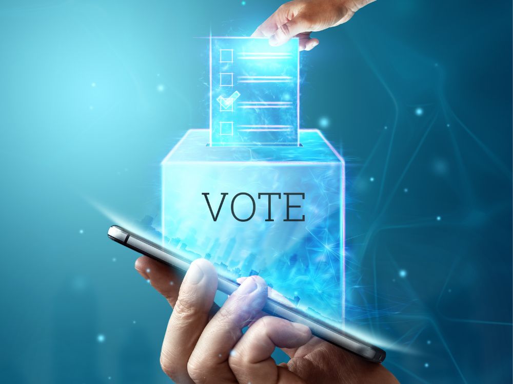 graphic of voting ballot being inserted into ballot box on top of smart phone